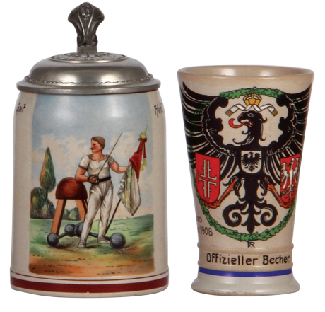 Two stoneware items, stein, .5L, transfer & hand-painted, marked Marzi & Remy, Gut Heil!, Turner, 1925, pewter lid, small base nick; with, beaker, transfer & hand-painted, .25L, XI. Deutsches Turnfest, Frankfurt a./m., 1908, by F. Ringer, base chip repair