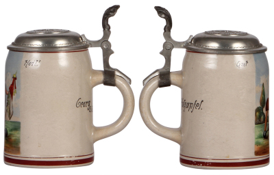 Two stoneware items, stein, .5L, transfer & hand-painted, marked Marzi & Remy, Gut Heil!, Turner, 1925, pewter lid, small base nick; with, beaker, transfer & hand-painted, .25L, XI. Deutsches Turnfest, Frankfurt a./m., 1908, by F. Ringer, base chip repair - 2