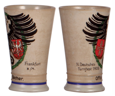 Two stoneware items, stein, .5L, transfer & hand-painted, marked Marzi & Remy, Gut Heil!, Turner, 1925, pewter lid, small base nick; with, beaker, transfer & hand-painted, .25L, XI. Deutsches Turnfest, Frankfurt a./m., 1908, by F. Ringer, base chip repair - 4