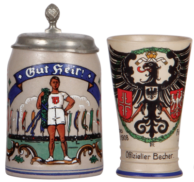 Two stoneware items, stein, .5L, transfer & hand-painted, marked Marzi & Remy, Gut Heil! Turner TD [on uniform], pewter lid is dented & has tear repair; with, beaker, transfer & hand-painted, .25L, XI. Deutsches Turnfest Frankfurt a./m., 1908, by F. Ringe