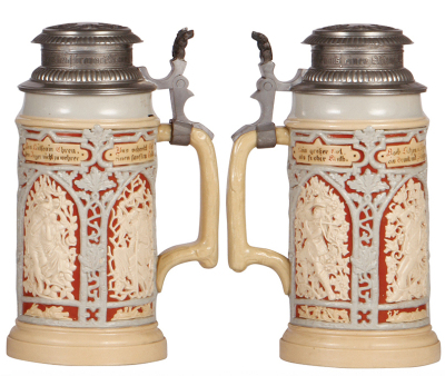 Two Mettlach steins, 1.0L, 24, relief, inlaid lid, small base chip in rear; with .5L, 24, relief, pewter lid, thumblift missing small piece, body mint. - 3