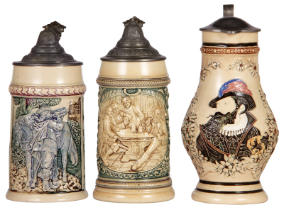 Three pottery steins, by Diesinger, .5L, relief, 32, pewter lid, lid has dents & tear; with, .5L, relief, 53, pewter lid, tear; with, .5L, threading, pewter lid is new replacement.