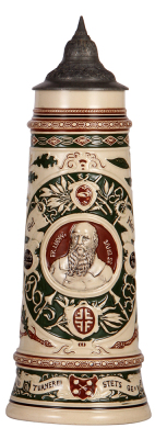 Pottery stein, 2.0L, 15.2" ht., relief,  #350, by Dümler & Breiden, 4F Turner, pewter lid, pewter tear, otherwise mint. 