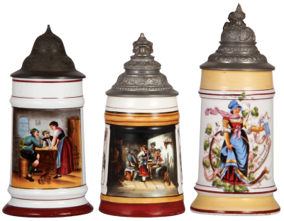 Three porcelain steins, .5L, transfer & hand-painted, various scenes, all have lithophanes, pewter lids, second has lines in lithophane, otherwise all mint. 