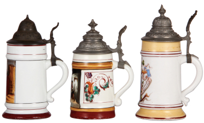 Three porcelain steins, .5L, transfer & hand-painted, various scenes, all have lithophanes, pewter lids, second has lines in lithophane, otherwise all mint.  - 2