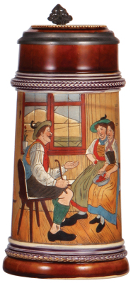 Pottery stein, 1.0L, etched, marked Germany, 1333, by J.W. Remy, inlaid lid, mint.