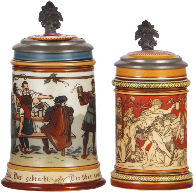 Two Mettlach steins, .5L, 2028, etched, inlaid lid, excellent new inlay, body mint; with, .3L, 2035, etched, inlaid lid, repaired line at rear of top rim.