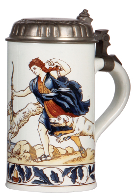 Mettlach stein, 1.0L, 5393, faience, Diana, pewter lid, thumblift & base ring missing, hairline repaired.