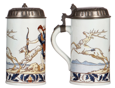 Mettlach stein, 1.0L, 5393, faience, Diana, pewter lid, thumblift & base ring missing, hairline repaired. - 2