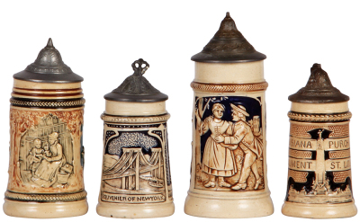 Four pottery steins, 4.1" to 5.9", relief, 1. mint; 2. Souvenir of New York, mint; 3. mint; 4. Louisiana Purchase Monument, St. Louis, mint. LOT 7254