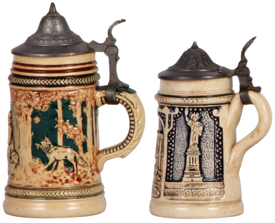 Four pottery steins, 4.1" to 5.9", relief, 1. mint; 2. Souvenir of New York, mint; 3. mint; 4. Louisiana Purchase Monument, St. Louis, mint. LOT 7254 - 2