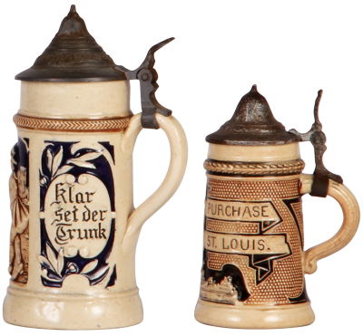 Four pottery steins, 4.1" to 5.9", relief, 1. mint; 2. Souvenir of New York, mint; 3. mint; 4. Louisiana Purchase Monument, St. Louis, mint. LOT 7254 - 3