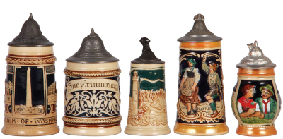 Five pottery steins, 4.3" to 5.5 ht., relief, all lidded, 1. Souvenir of Washington, lid dent; 2. mint; 3. Atlantic City Only One, mint; 4. modern, mint; 5. modern, mint. 