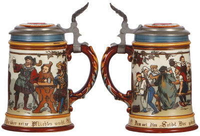 Two Mettlach steins, .5L, 2028, etched, inlaid lid, excellent new inlay, body mint; with, .3L, 2035, etched, inlaid lid, repaired line at rear of top rim. - 2