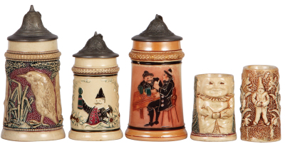 Five pottery steins, 2.2" to 5.6" ht., relief, by Diesinger, 1. pewter lid, handle break glued; 2. with threading, pewter lid, mint; 3. #3114, with threading, pewter lid, lid dent; 4. #767, Character, no lid; 5. World's Fair, St. Louis, MO., no lid, no ha