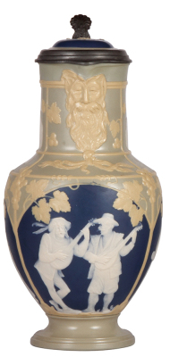 Mettlach stein, 2.1L, 12.7" ht., 2607, cameo, by Stahl, inlaid lid, very good spout chip repair.