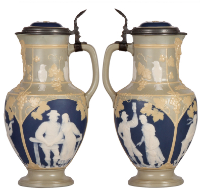 Mettlach stein, 2.1L, 12.7" ht., 2607, cameo, by Stahl, inlaid lid, very good spout chip repair. - 2