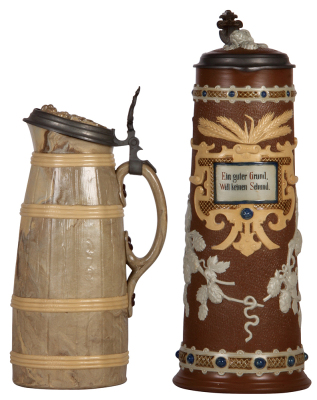 Two Mettlach steins, 1.6L, 11.8" ht., 690, Character, Barrel, inlaid lid, mint; with, 2.0L, 15.0" ht., 1737, relief, mint. 