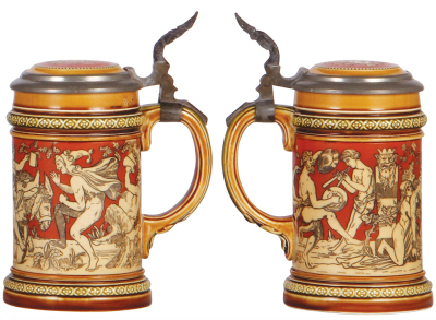 Two Mettlach steins, .5L, 2028, etched, inlaid lid, excellent new inlay, body mint; with, .3L, 2035, etched, inlaid lid, repaired line at rear of top rim. - 3