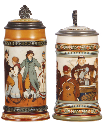 Two Mettlach steins, .5L, 1656, etched, inlaid lid, handle crack & inlay interior discolored; with, .5L, 2051, etched, inlaid lid, interior repainted, color change.