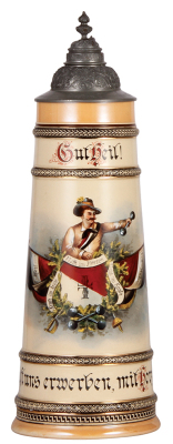 Pottery stein, 3.0L, 17.5" ht., transfer & hand-painted, #596, by Marzi & Remy, 4F Turner, inscription on pewter lid: Chemnitz 1903, pewter hinge ring missing, handle breaks glued. 