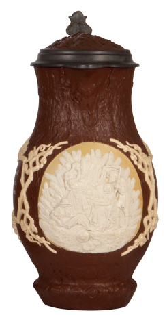 Mettlach stein, 4.0L, 14.4" ht., 1028, relief, inlaid lid, mint.