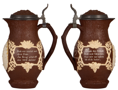 Mettlach stein, 4.0L, 14.4" ht., 1028, relief, inlaid lid, mint. - 2