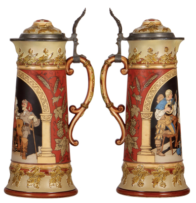 Mettlach stein, 3.0L, 17.1" ht., 2692, etched, inlaid lid, very good exterior repair to top rim & handle, interior color yellowing. - 2