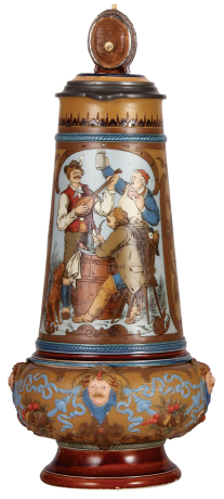 Mettlach stein, 6.2L, 21.2" ht., 1818, etched, by Gorig, custom inlaid lid is modern replacement, chip on nose of one face on base.