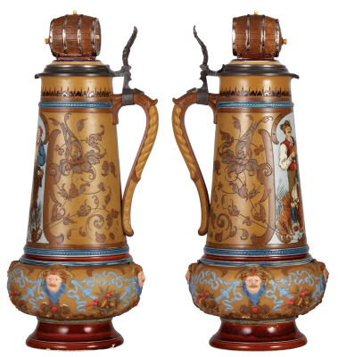 Mettlach stein, 6.2L, 21.2" ht., 1818, etched, by Gorig, custom inlaid lid is modern replacement, chip on nose of one face on base. - 2