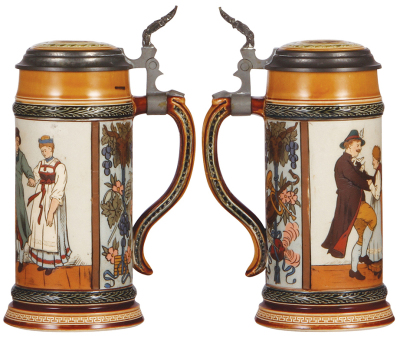 Two Mettlach steins, .5L, 1656, etched, inlaid lid, handle crack & inlay interior discolored; with, .5L, 2051, etched, inlaid lid, interior repainted, color change. - 2