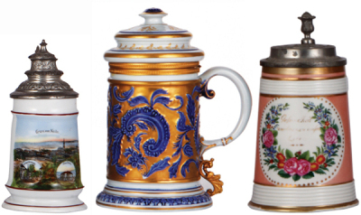 Three porcelain steins, .25L, transfer & hand-painted, Gruss aus Naila, pewter lid, mint; with, .5L, relief & hand-painted, marked Sevres, porcelain lid, mint; with, .5L, hand-painted, marked Nymphenburg, flowers & verse, relief pewter lid: Ludwig König v