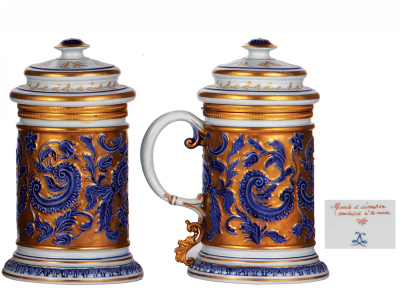 Three porcelain steins, .25L, transfer & hand-painted, Gruss aus Naila, pewter lid, mint; with, .5L, relief & hand-painted, marked Sevres, porcelain lid, mint; with, .5L, hand-painted, marked Nymphenburg, flowers & verse, relief pewter lid: Ludwig König v - 3