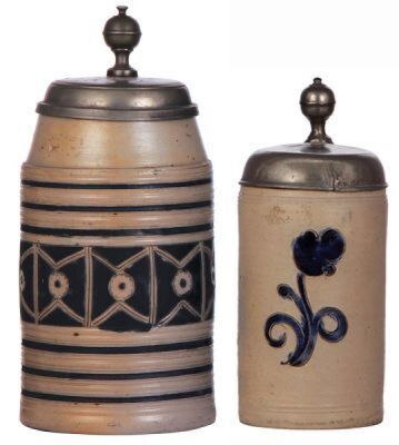 Two stoneware steins, 9.8'' ht., late 1700s, Westerwälder Walzenkrug, incised, blue saltglaze, pewter lid is an old replacement, two small top rim chips; with, 7.9'' ht., c.1800, Westerwälder Walzenkrug, incised, blue saltglaze, pewter lid is an old repla