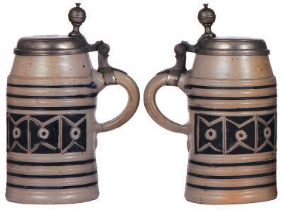 Two stoneware steins, 9.8'' ht., late 1700s, Westerwälder Walzenkrug, incised, blue saltglaze, pewter lid is an old replacement, two small top rim chips; with, 7.9'' ht., c.1800, Westerwälder Walzenkrug, incised, blue saltglaze, pewter lid is an old repla - 2