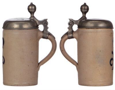 Two stoneware steins, 9.8'' ht., late 1700s, Westerwälder Walzenkrug, incised, blue saltglaze, pewter lid is an old replacement, two small top rim chips; with, 7.9'' ht., c.1800, Westerwälder Walzenkrug, incised, blue saltglaze, pewter lid is an old repla - 3