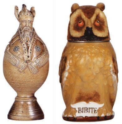 Two Character items, figure, 8.1'' ht., stoneware, late 1900s, in the style of 17th century Frechen stoneware, brown saltglaze, superb craftsmanship, excellent condition; with, Mettlach stein, .5L, 2036, Character, Owl, inlaid lid, inlay repaired, body mi