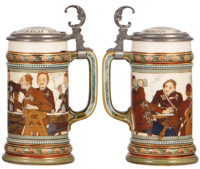 Two Mettlach steins, .5L, 1656, etched, inlaid lid, handle crack & inlay interior discolored; with, .5L, 2051, etched, inlaid lid, interior repainted, color change. - 3