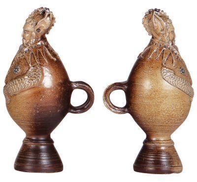 Two Character items, figure, 8.1'' ht., stoneware, late 1900s, in the style of 17th century Frechen stoneware, brown saltglaze, superb craftsmanship, excellent condition; with, Mettlach stein, .5L, 2036, Character, Owl, inlaid lid, inlay repaired, body mi - 2