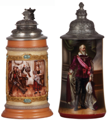 Two porcelain steins, .5L, transfer & hand-painted, marked H.R., 18/115, by Hauber & Reuther, tavern scene, pewter lid, mint; with, .5L, transfer & hand-painted, Prinz Luitpold, 1886 - 1912, pewter lid, mint.