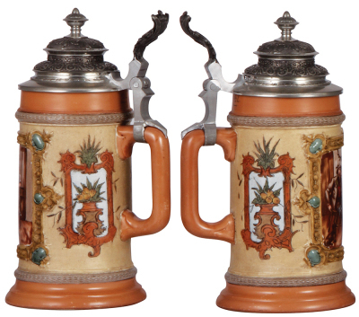 Two porcelain steins, .5L, transfer & hand-painted, marked H.R., 18/115, by Hauber & Reuther, tavern scene, pewter lid, mint; with, .5L, transfer & hand-painted, Prinz Luitpold, 1886 - 1912, pewter lid, mint. - 2