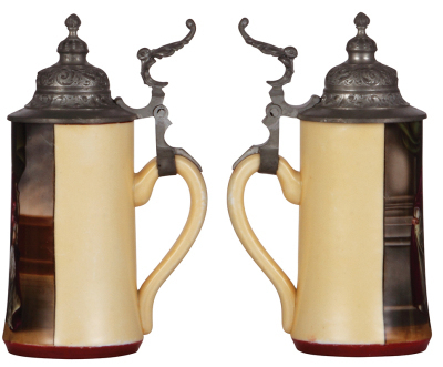 Two porcelain steins, .5L, transfer & hand-painted, marked H.R., 18/115, by Hauber & Reuther, tavern scene, pewter lid, mint; with, .5L, transfer & hand-painted, Prinz Luitpold, 1886 - 1912, pewter lid, mint. - 3