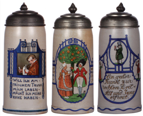 Three stoneware steins, 1.0L, all are transfer & hand-painted, marked M. & W. Gr., and designed by F. Ringer; 1. pewter lid, blue base has some wear, otherwise mint; 2. pewter lid, pewter tear is repaired, a strong repair but not finished, minimal wear to