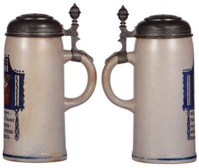 Three stoneware steins, 1.0L, all are transfer & hand-painted, marked M. & W. Gr., and designed by F. Ringer; 1. pewter lid, blue base has some wear, otherwise mint; 2. pewter lid, pewter tear is repaired, a strong repair but not finished, minimal wear to - 2