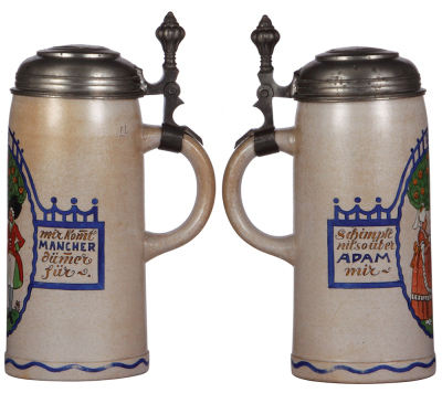 Three stoneware steins, 1.0L, all are transfer & hand-painted, marked M. & W. Gr., and designed by F. Ringer; 1. pewter lid, blue base has some wear, otherwise mint; 2. pewter lid, pewter tear is repaired, a strong repair but not finished, minimal wear to - 3