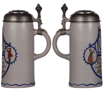 Three stoneware steins, 1.0L, all are transfer & hand-painted, marked M. & W. Gr., and designed by F. Ringer; 1. pewter lid, blue base has some wear, otherwise mint; 2. pewter lid, pewter tear is repaired, a strong repair but not finished, minimal wear to - 4