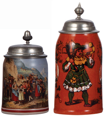 Two steins, stoneware, .5L, transfer & hand-painted, by Martin Pauson, München, pewter lid, mint; with, terra cotta stein, 1.0L, marked H M, München, hand-painted, pewter lid, small glaze chips on handle & edges.