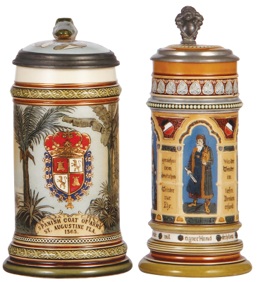 Two Mettlach steins, .5L, 2373, etched, inlaid lid, new alligator's head; with, .5L, 1379, etched, inlaid lid, poorly repaired 3'' hairline in rear.