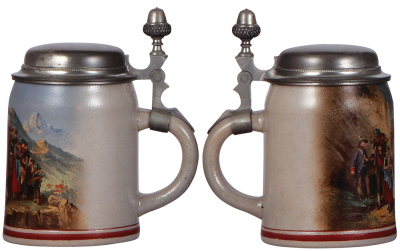 Two steins, stoneware, .5L, transfer & hand-painted, by Martin Pauson, München, pewter lid, mint; with, terra cotta stein, 1.0L, marked H M, München, hand-painted, pewter lid, small glaze chips on handle & edges. - 2