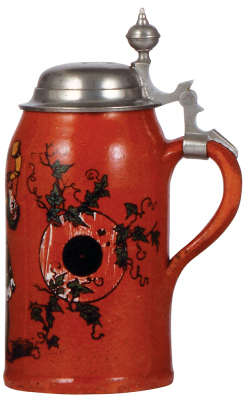 Two steins, stoneware, .5L, transfer & hand-painted, by Martin Pauson, München, pewter lid, mint; with, terra cotta stein, 1.0L, marked H M, München, hand-painted, pewter lid, small glaze chips on handle & edges. - 3